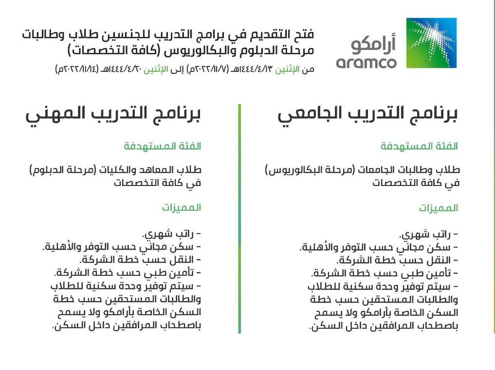 كم مكافأة برنامج التدريب الجامعي أرامكو 1444 ورابط وخطوات التسجيل